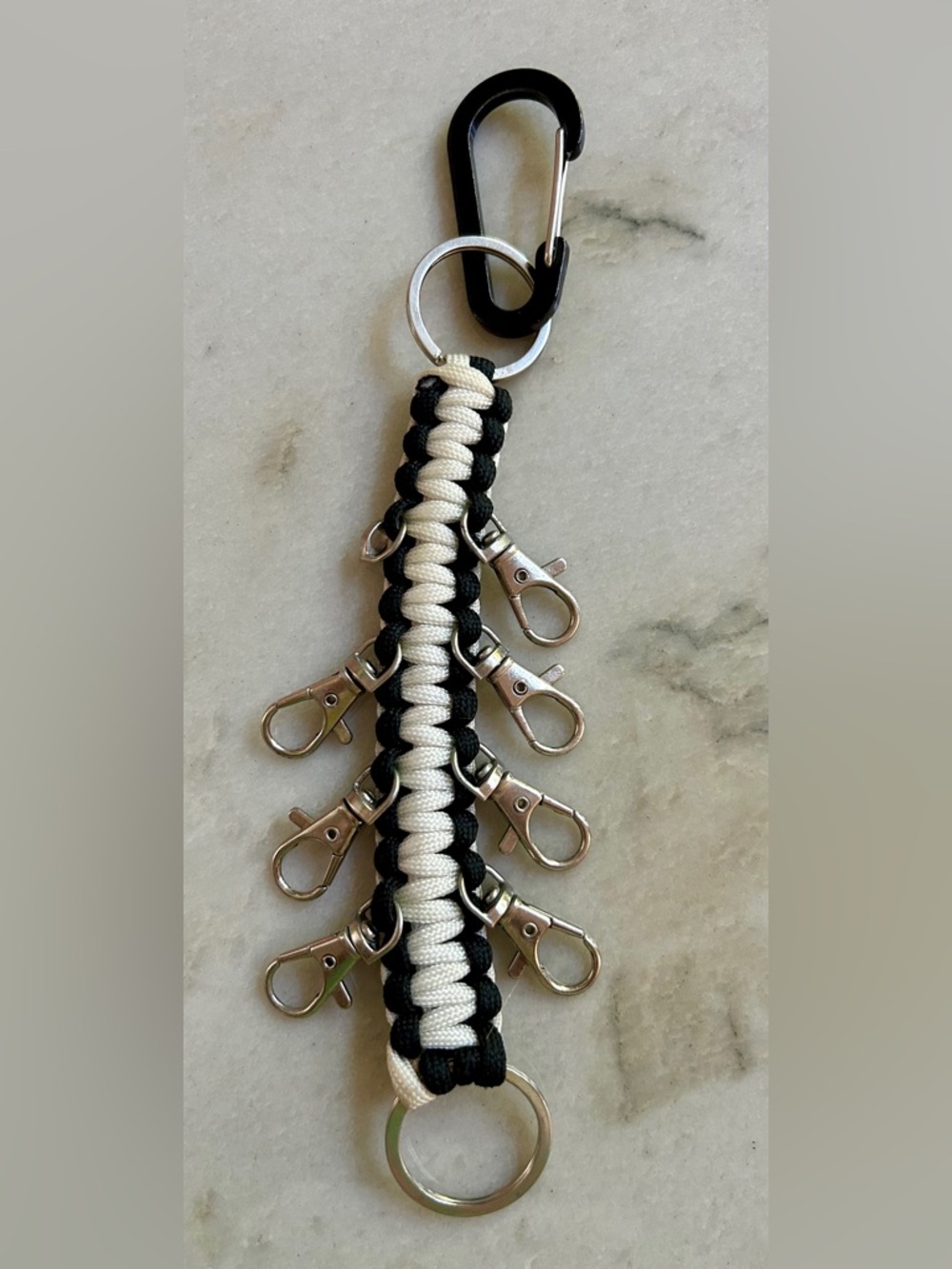 Black & White Paracord Keychain with Multiple Lobster Clasps